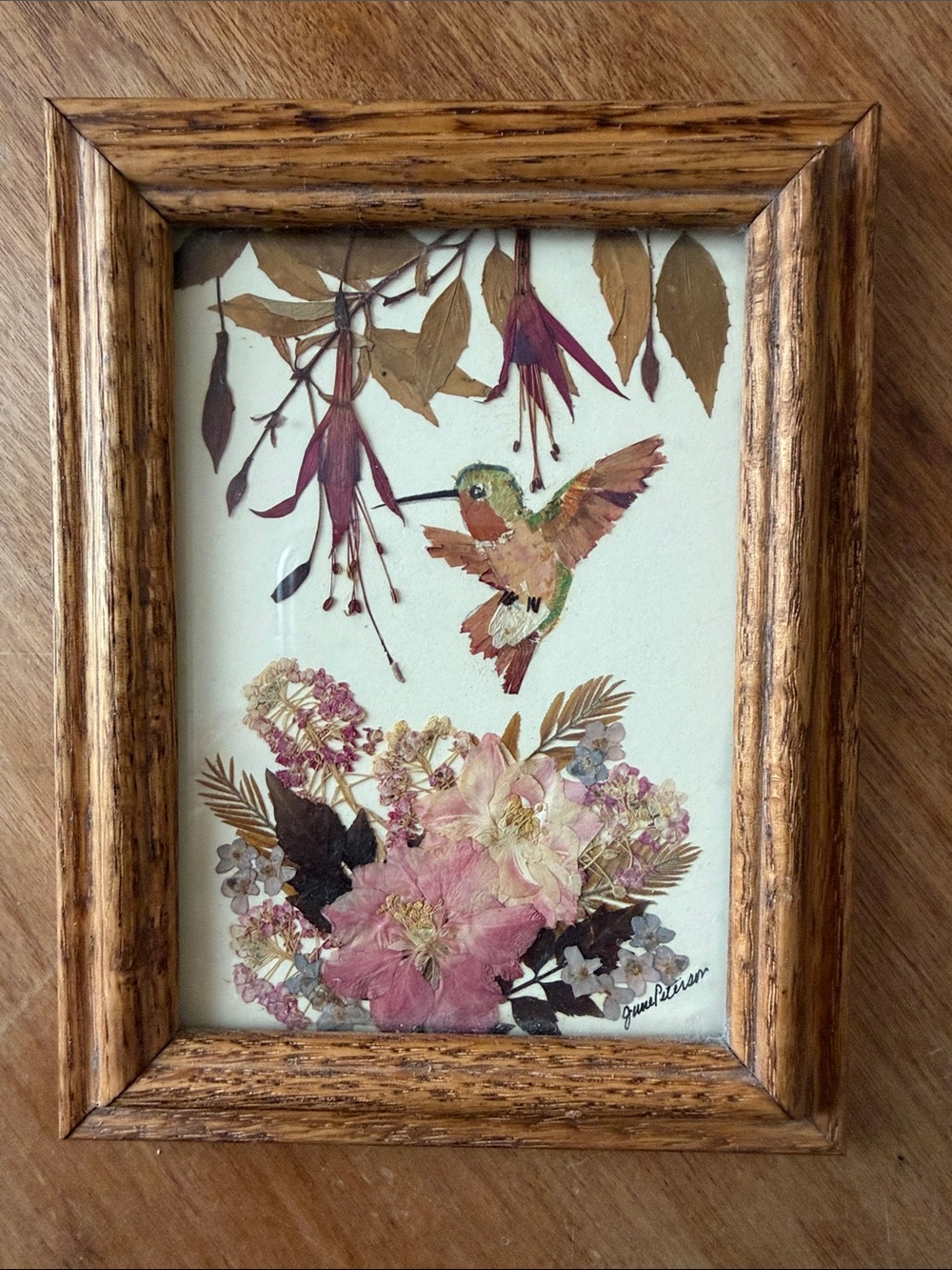 June Peterson Pressed Flower Hummingbird Artwork in Oak Frame - Pink & Green